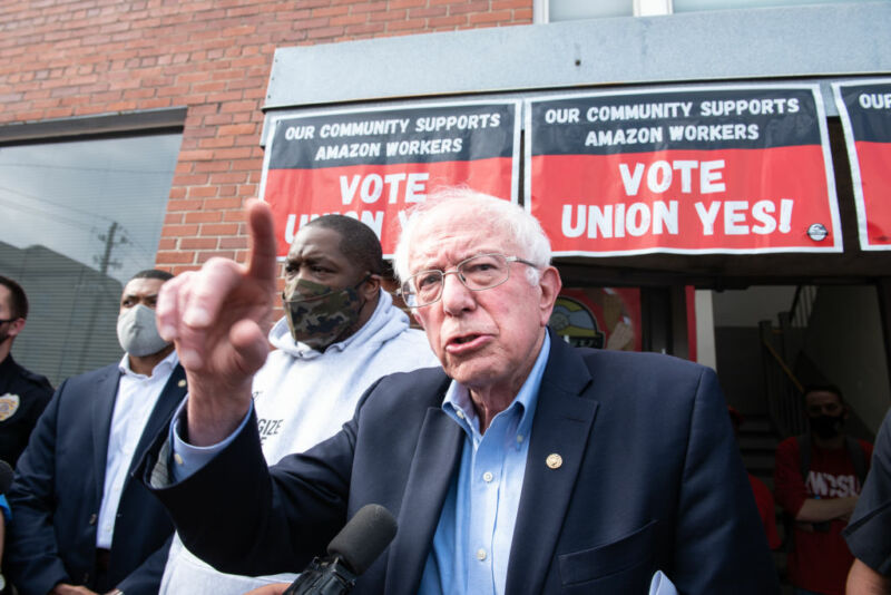 Sen. Bernie Sanders (I-VA) speaks outside the Retail, Wholesale and Department Store Union headquarters in Birmingham, Alabama, on Friday, March 26, 2021.