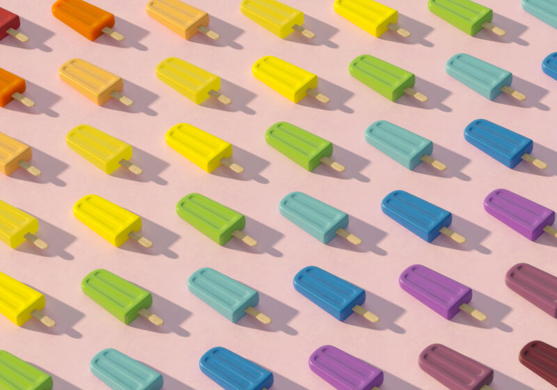 "Digital generated image of popsicles organized into rainbow colored pattern on pink surface," thanks Getty Images.