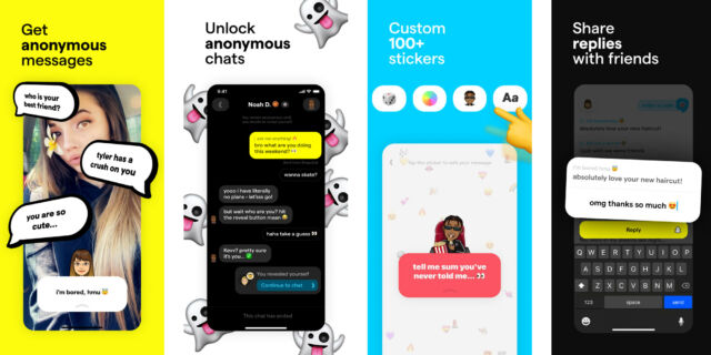 Yolo's now-removed app store screenshots highlight the app's anonymous messaging features.