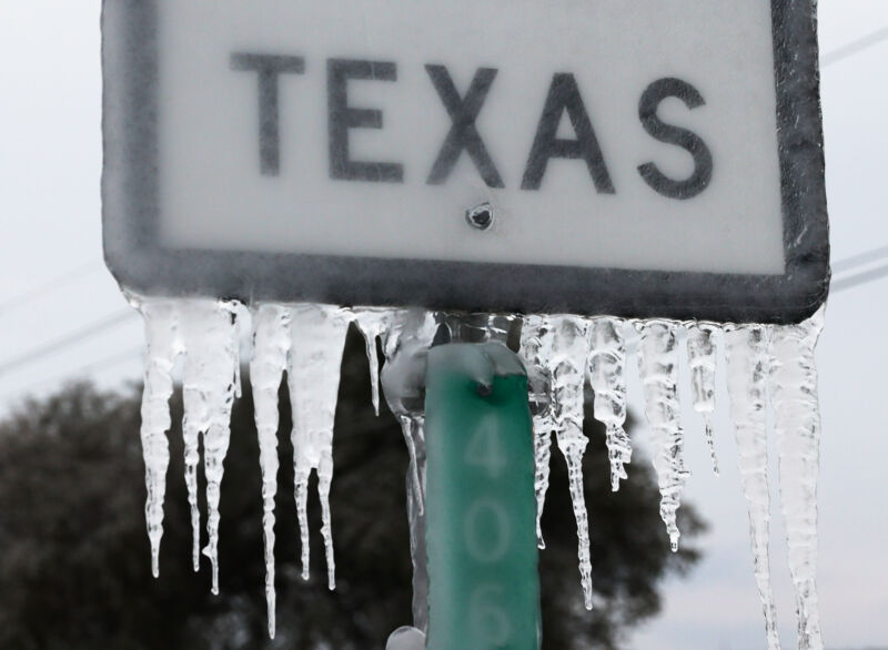 Icicles hang off the State Highway 195 sign on February 18, 2021, in Killeen, Texas. A winter storm brought historic cold weather and power outages to Texas as storms swept across 26 states with a mix of freezing temperatures and precipitation.