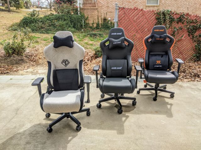 Left to right: Anda Seat's T-Pro 2, Kaiser 2, and Fnatic gaming chairs.