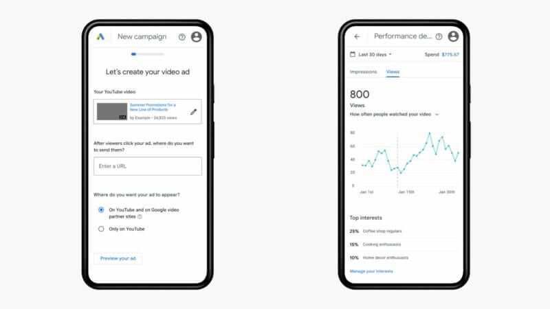 Examples of the simplified video ad creation workflow on mobile