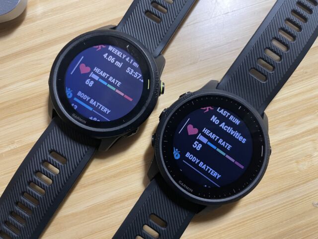 The Garmin Forerunner 745 (left) and 945 LTE (right) show the 745 using more backlighting but not to greater effect.