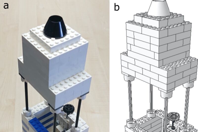 Photograph and schematic representation of the LEGO microscope built by scientists at Göttingen University.