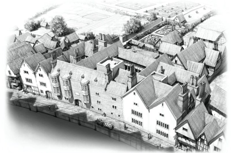 Artist's reconstruction of Thomas Cromwell's mansion on Throgmorton Street in 1539, London, England.