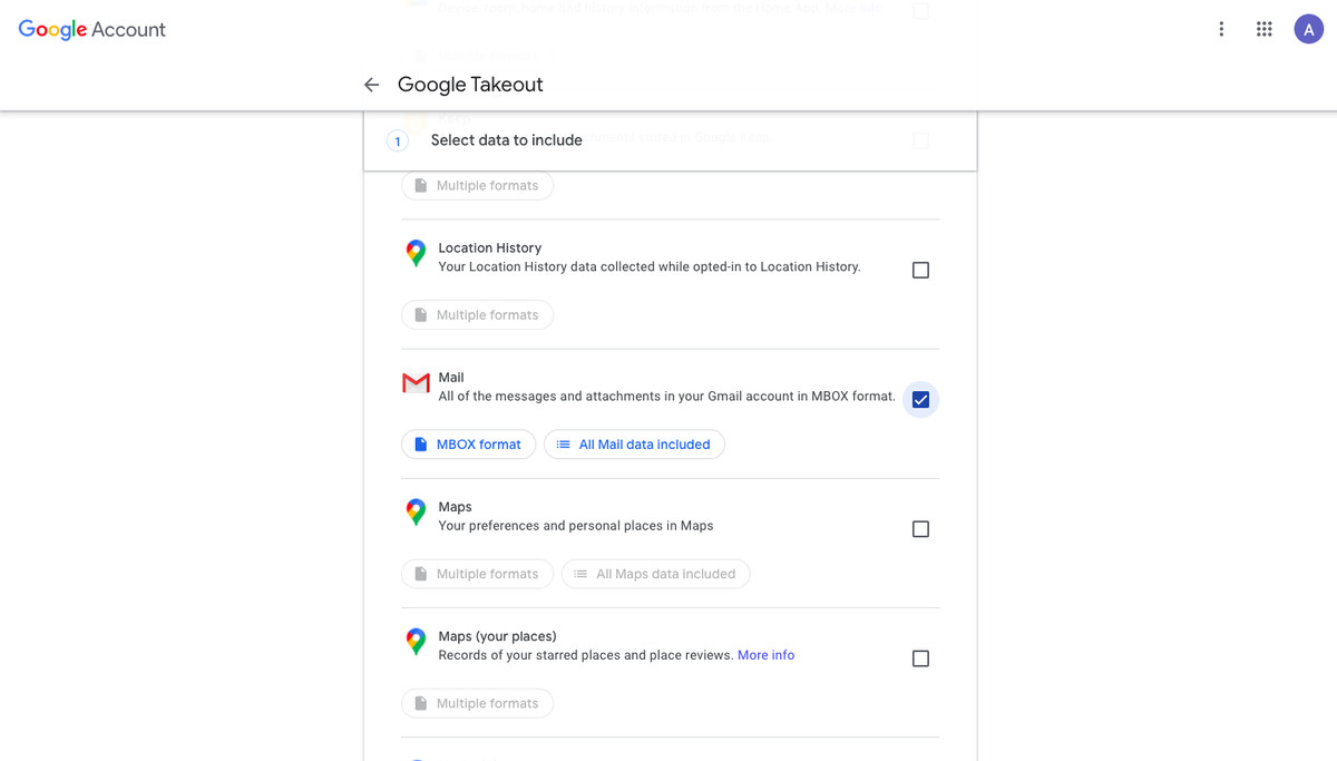 Google Takeout options