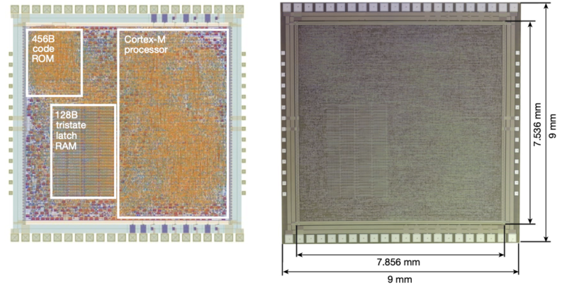 Image of the plasticARM processor, showing its dimensions and components.