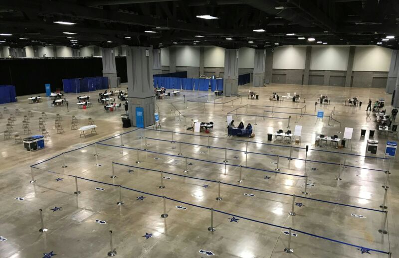 A mostly deserted convention center.