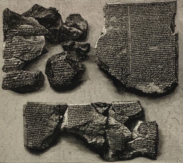 An 1873 illustration of tablet fragments giving an account of the Great Flood—part of the Epic of Gilgamesh.