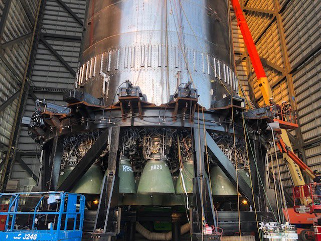 Image of 29 Raptor rocket engines installed on a Super Heavy booster.