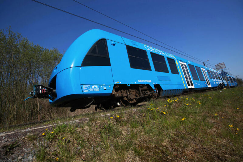 Image of a blue light rail vehicle.