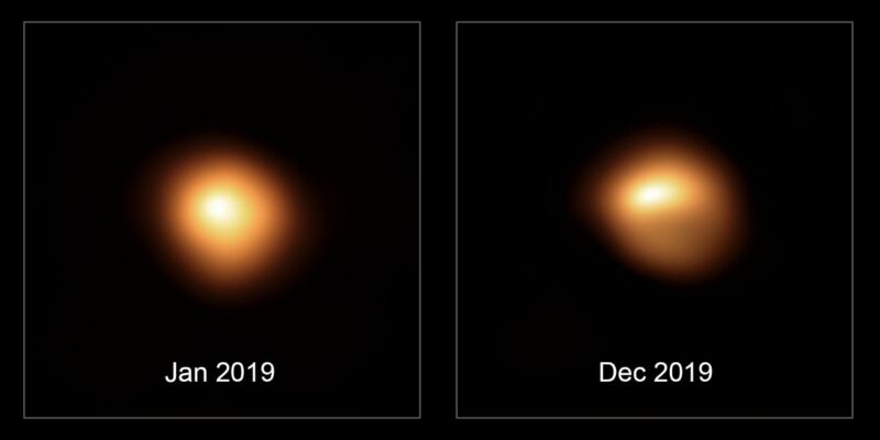 Two images, the earlier one showing an orange sphere, and the second showing an orange sphere with much of one hemisphere partially eclipsed.