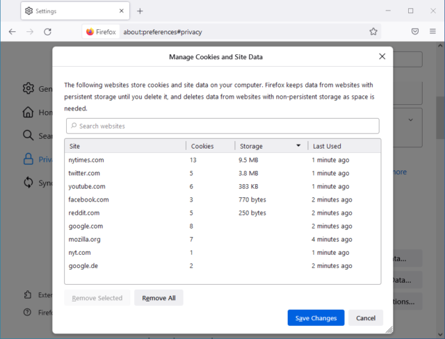 The updated Cookies and Site Data management dialog displays all locally stored resources set at a particular site, whether owned by that site or by a third party.