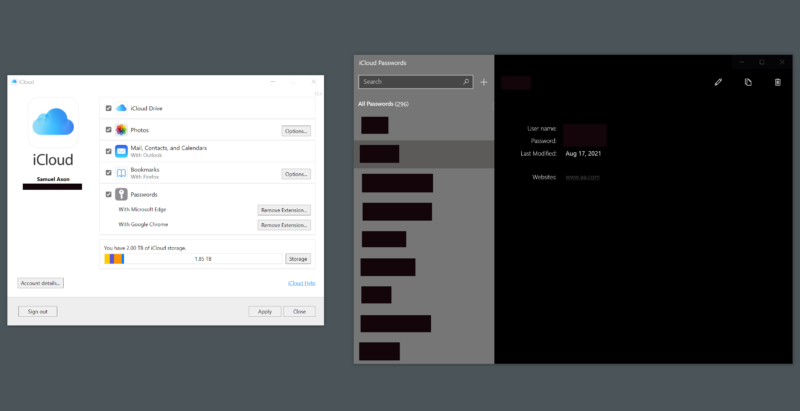 The updated iCloud for Windows and new iCloud Passwords app. (We've blacked out some private information here, obviously.)