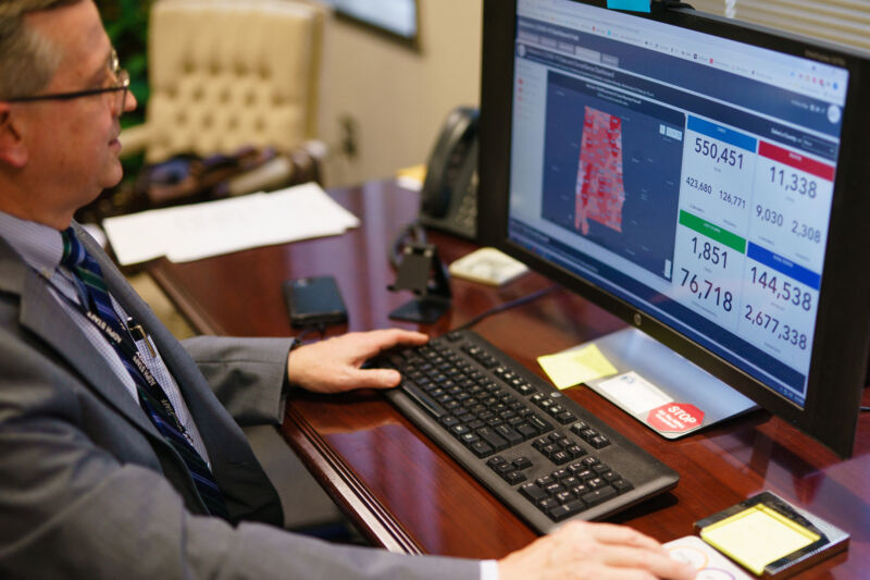 Scott Harris, Alabama's state health officer, discusses his state's vaccination data in his office on June 29, 2021, in Montgomery, Alabama. 