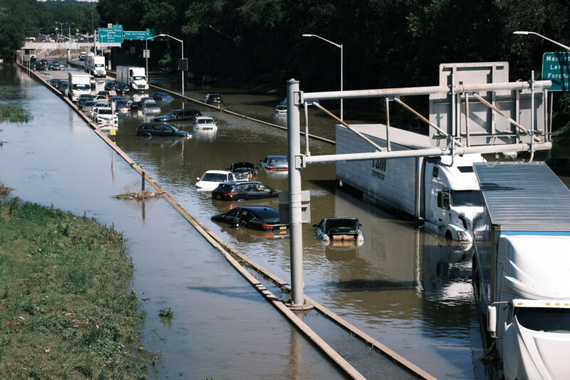 Cars sit abandoned on the flooded Major Deegan Expressway in the Bronx following a night of heavy wind and rain from the remnants of Hurricane Ida on September 02, 2021, in New York City.