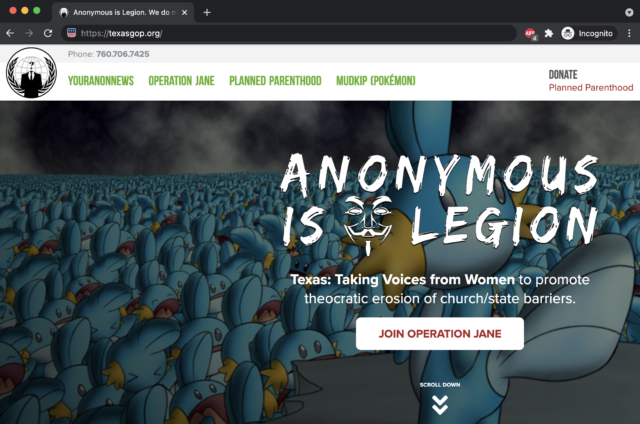 Texas Republican Party's website defaced by Anonymous this month.