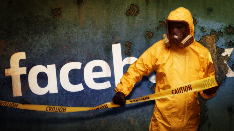 A person in a Hazmat suit covers the Facebook logo with warning tape.