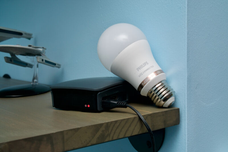 A Philips Wiz bulb and a Raspberry Pi running Homebridge. 