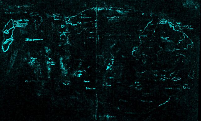 Macro X-ray fluorescence spectroscopy (XRF) revealed the presence of titanium throughout the map's lines and text.