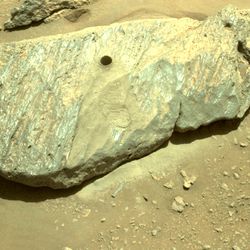 “Rochette,” the rock scientists elected as Perseverance’s drilling target, is left forever with a tiny hole where the rover extracted a rock sample.