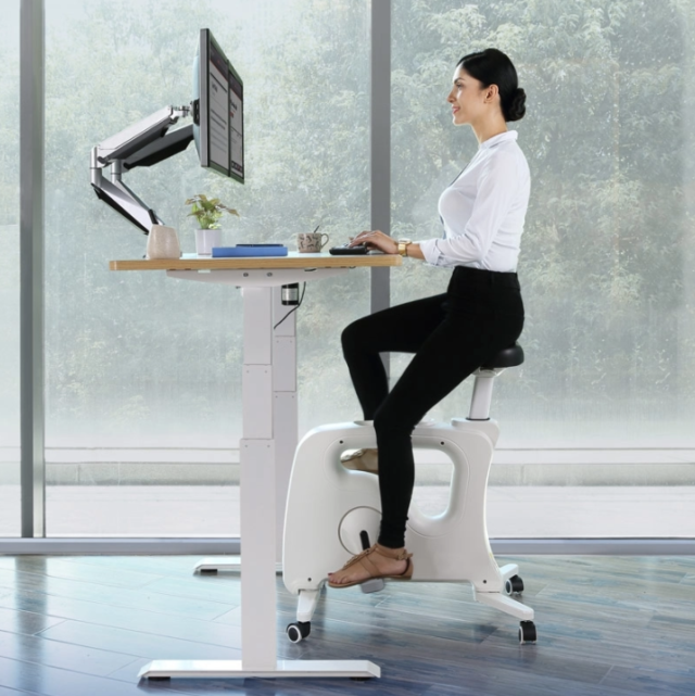 You can purchase the bike alone to use with an existing desk or order the full Desk Bike setup, which includes an attached tray with built-in wrist rests.