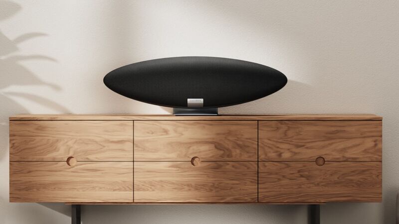 Bowers & Wilkins Zeppelin in midnight grey. on wood table