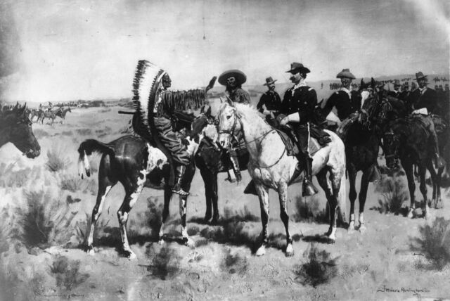 October 1876: General Nelson Miles talking with Chief Sitting Bull after the army's defeat at Little Big Horn. Original Artist: Frederic Remington (1861-1909). 