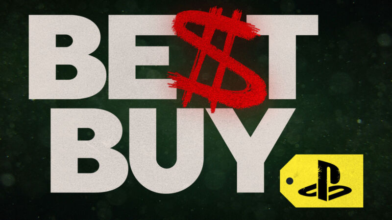 Best Buy and PlayStation logos combined with a fiery dollar sign.