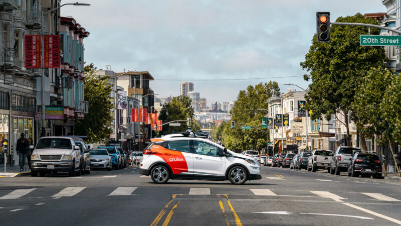 A Cruise robotaxi test vehicle in San Francisco.