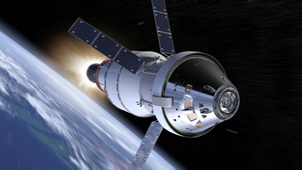 The Orion spacecraft, with its service module, is shown in flight in this rendering.