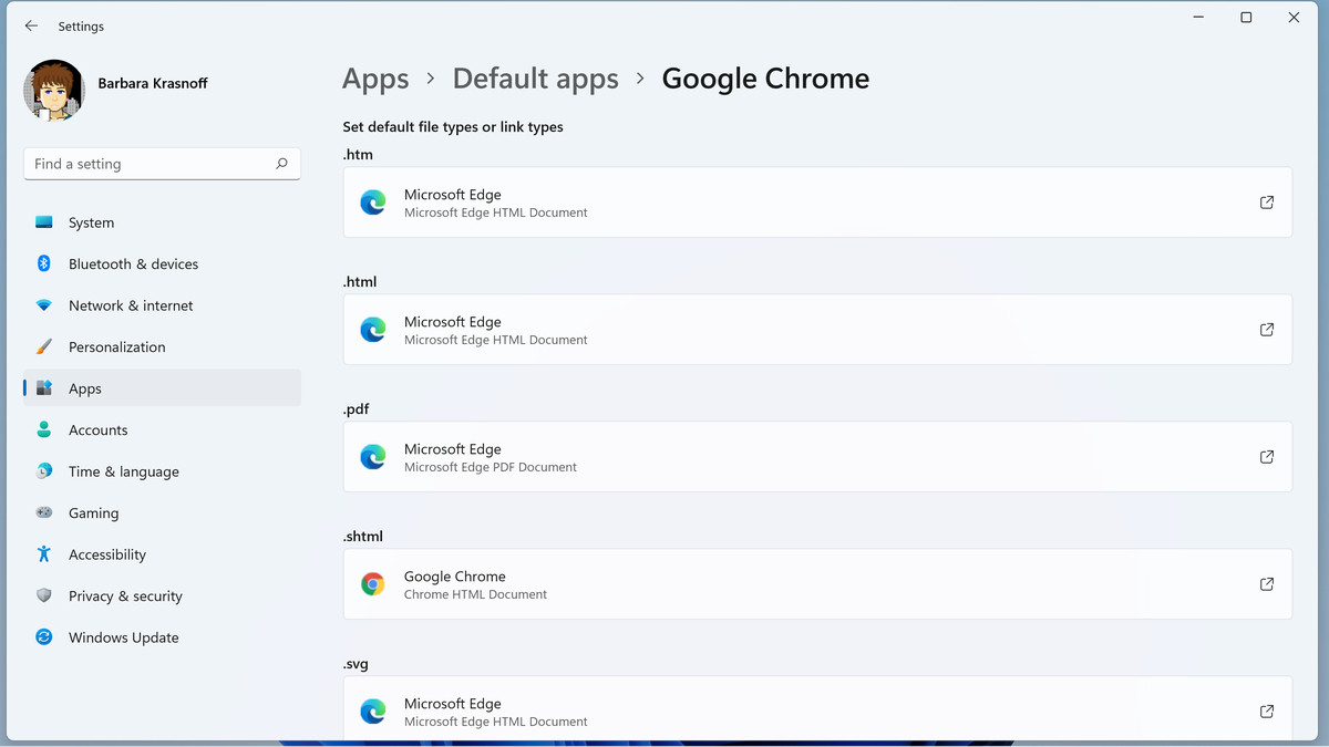 Switching browsers means associating each file type with your new browser.