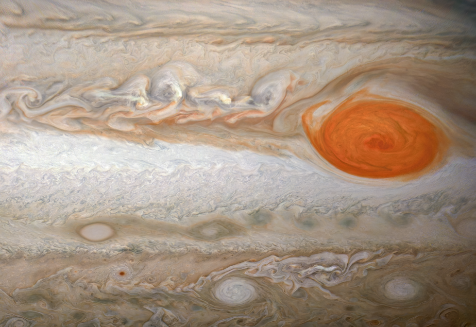 Jupiter’s Great Red Spot at PJ18 (2019), showing large flakes of red material to the west (left) of the vortex. 