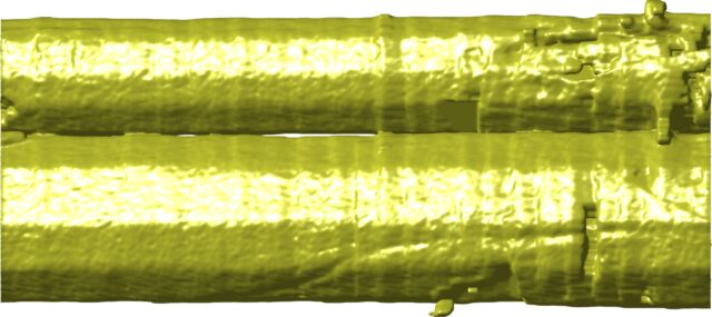 X-ray topography visualization showing a side view of two quasicrystals as they begin to meld together during cooling.