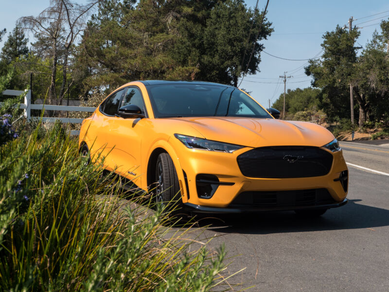 An orange Ford Mustang Mach-E GT