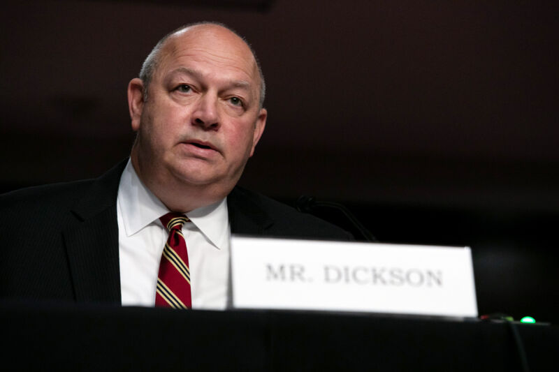 Federal Aviation Administration Administrator Steve Dickson testifying at a Senate hearing.