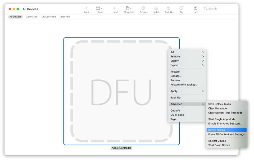 Apple T2 and Apple Silicon-based Macs can be put into DFU mode and have their firmware restored by a second Mac running Apple Configurator 2.