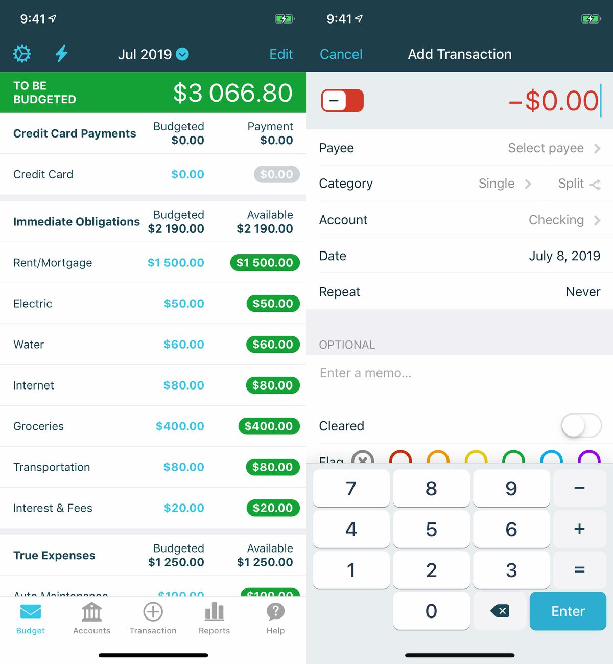 Screencaps of YNAB mobile app