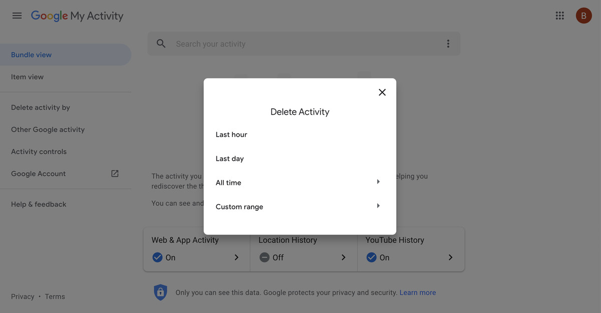A pop-up window that lets you delete your activity based on time period.