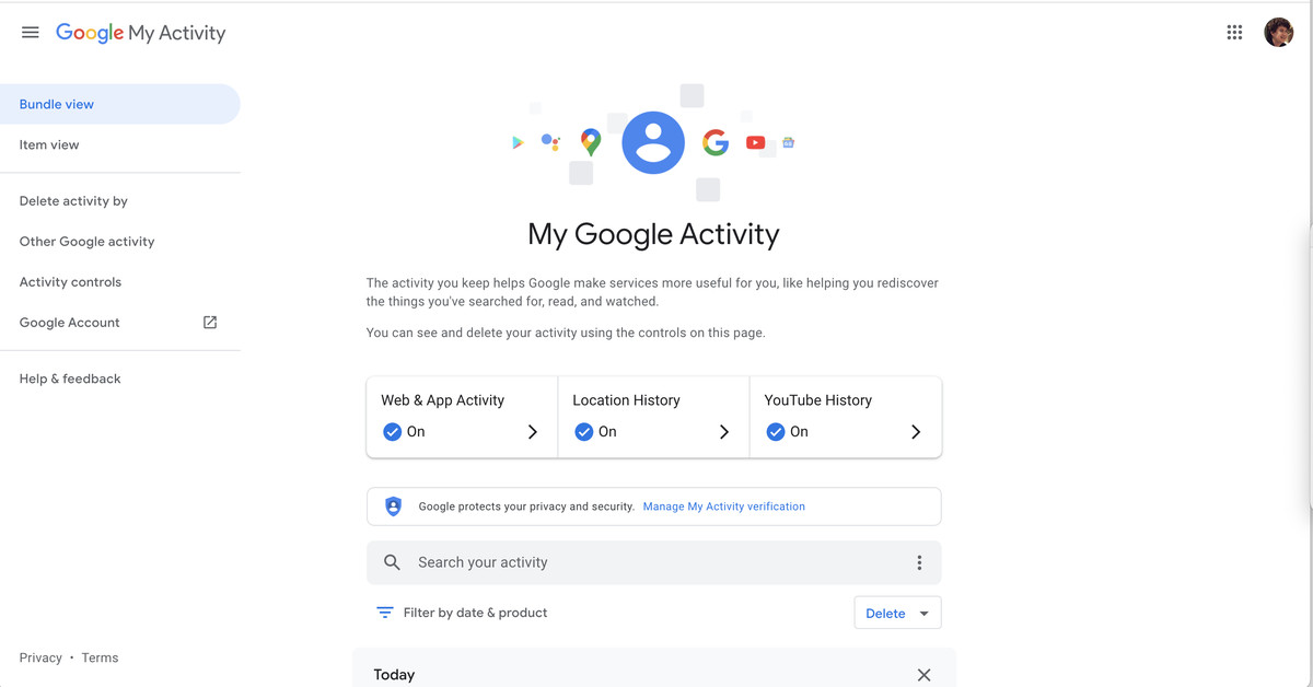 Under “My Google Activity” you’ll see the buttons for three types of activity: Web &amp; App Activity, Location History, and YouTube History.