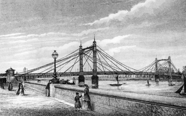 The Albert Bridge between Chelsea and Battersea in London, circa 1885. It was nicknamed "The Trembling Lady" because of its tendency to shake as soldiers marched across.