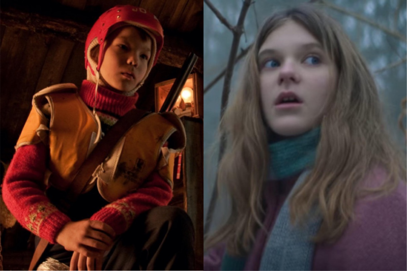 (left) A young boy named Pietari (Onni Tommila) battles a mythic/demonic Santa in <em>Rare Exports: Christmas Tale</em>. (right) A young girl named Josefine (Sonia Steen) befriends a strange woodland creature and upsets the delicate balance of a remote island in <em>Elves</em>.”><figcaption class=