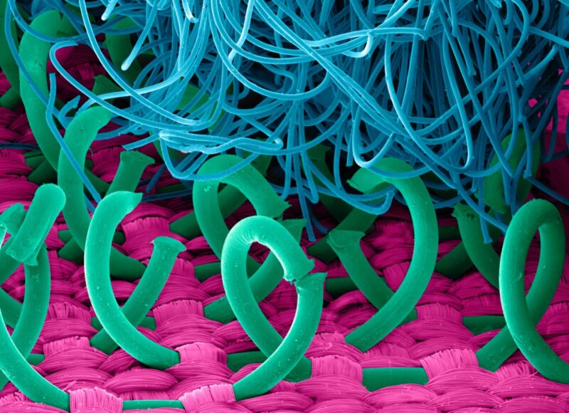 Artist's representation of the microstructure of Velcro. Scientists at the Italian Institute of Technology have created a soft, biodegradable and soluble Velcro inspired by the micro-hook structure of leaves on the “catchweed” plant (<em>Galium aparine</em>). “><figcaption class=