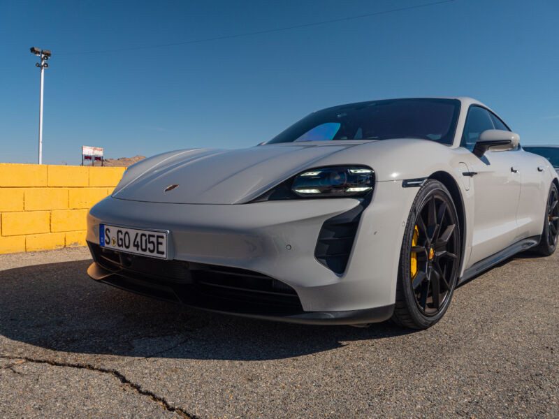 A grey Porsche Taycan GTS