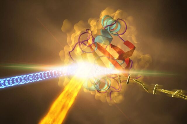 This illustration depicts an experiment at SLAC that revealed how a protein from photosynthetic bacteria changes shape in response to light.