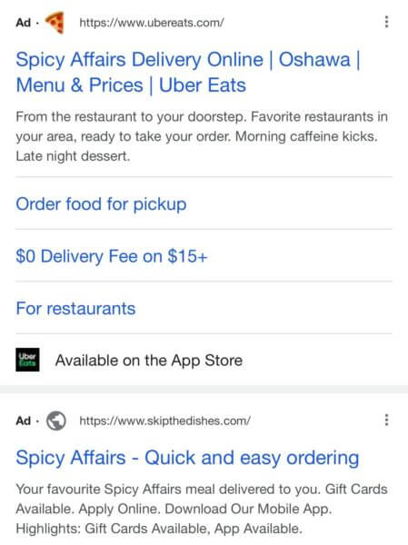 A screenshot of an Uber Eats Google Ad with favicon.