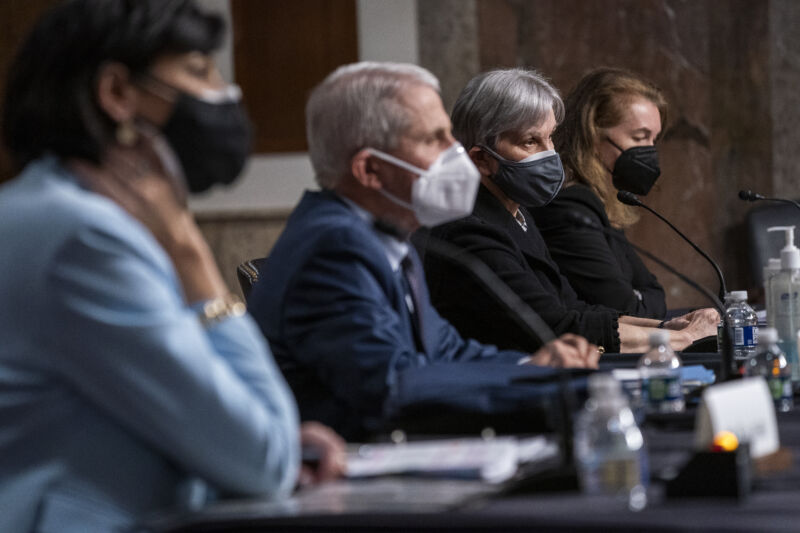 (L-R) Dr. Rochelle Walensky, director of the Centers for Disease Control and Prevention, Dr. Anthony Fauci, Director of the National Institute of Allergy and Infectious Diseases and chief medical adviser to the President, Dr. Janet Woodcock, acting commissioner of the Food and Drug Administration, and Dawn O'Connell, assistant HHS secretary for preparedness and response, testify during a Senate Health, Education, Labor, and Pensions Committee hearing on Capitol Hill on January 11, 2022, in Washington, DC. 