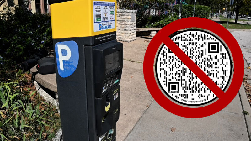 Illustration of a parking meter and a warning not to scan any QR codes on meters.