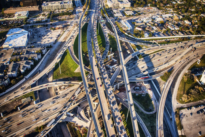 The intersection of Interstates 10 and 610 in Houston, Texas, during evening rush hour.