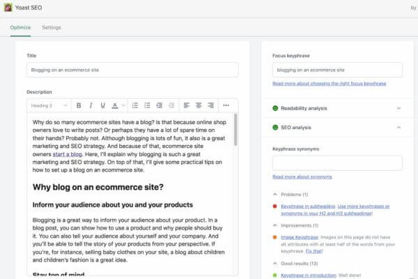 An example of Yoast SEO within Shopify.